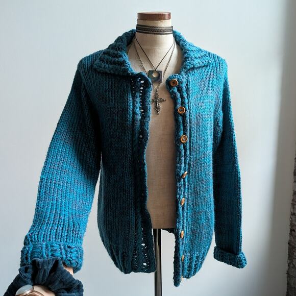 Vintage Blue Teal Chunky Knit Cardigan Cute Grannycore Cottagecore Sweater Small - Picture 6 of 9